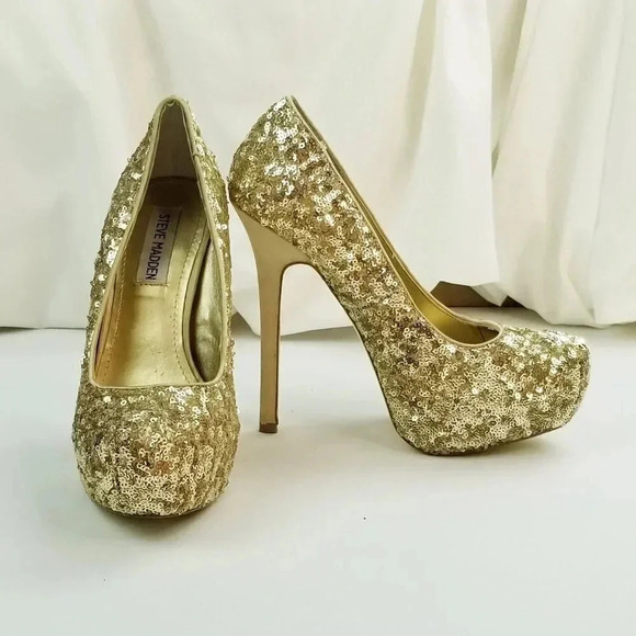 Steve Madden Size 6.5M Bitter Platform Gold Sequin Stiletto Heel Women's Pumps - Picture 8 of 12